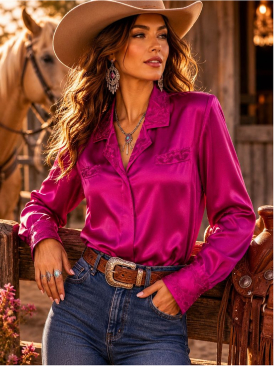 Paul Alexander Tops - Vintage 100% Silk Fuchsia Western Blouse Size 8 Embroidered Hidden Placket Glam